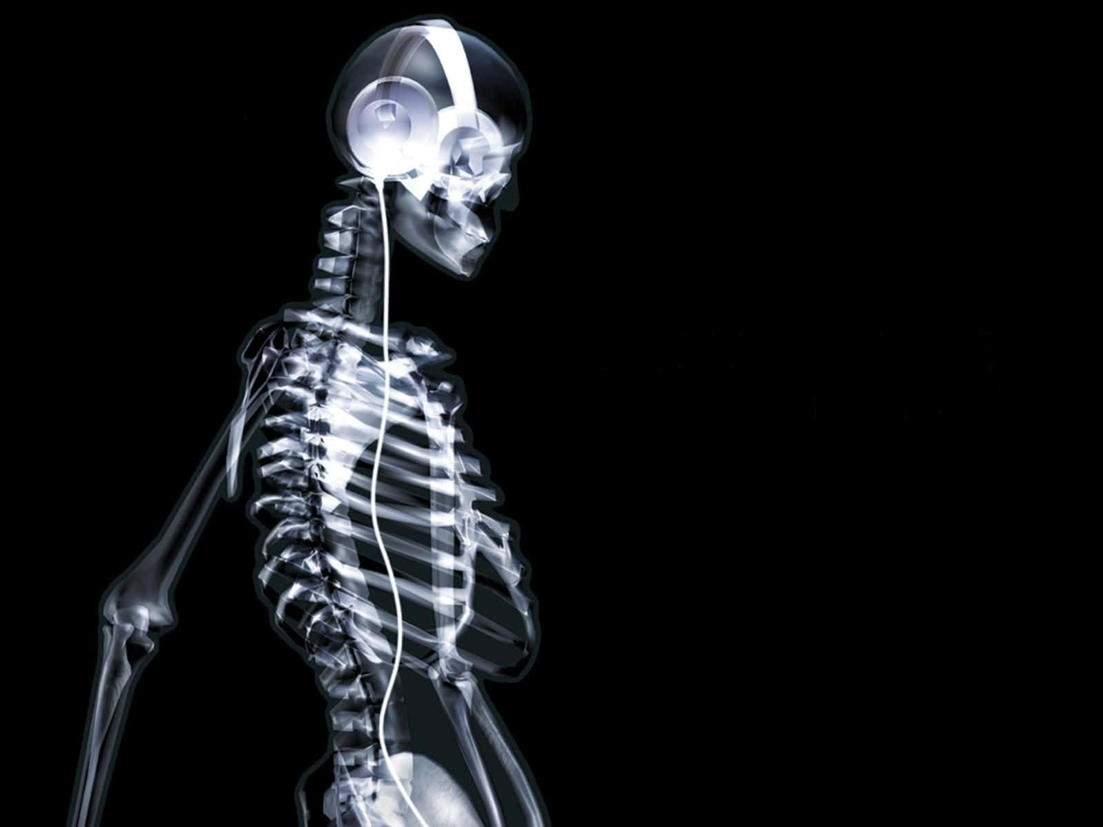 A Skeleton With Headphones On Is Standing On A Black Background Background