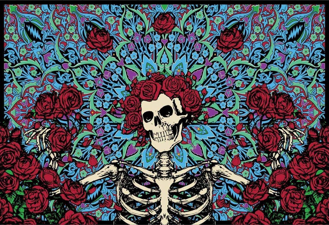 A Skeleton With Roses And A Skull In The Background Background