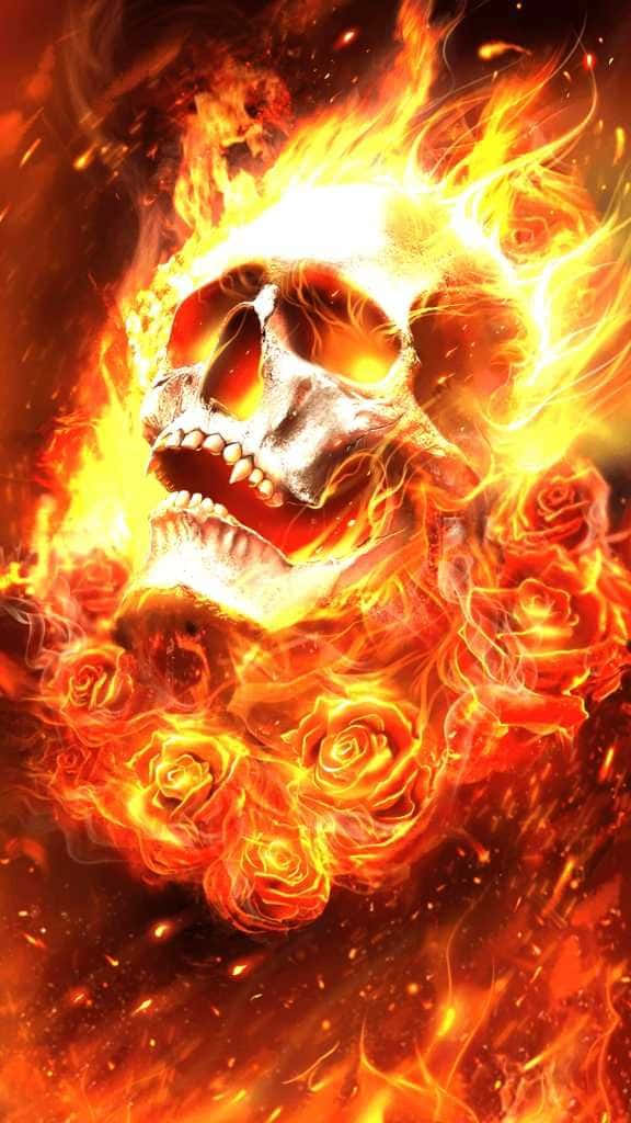 A Skull In Flames With Roses Around It Background