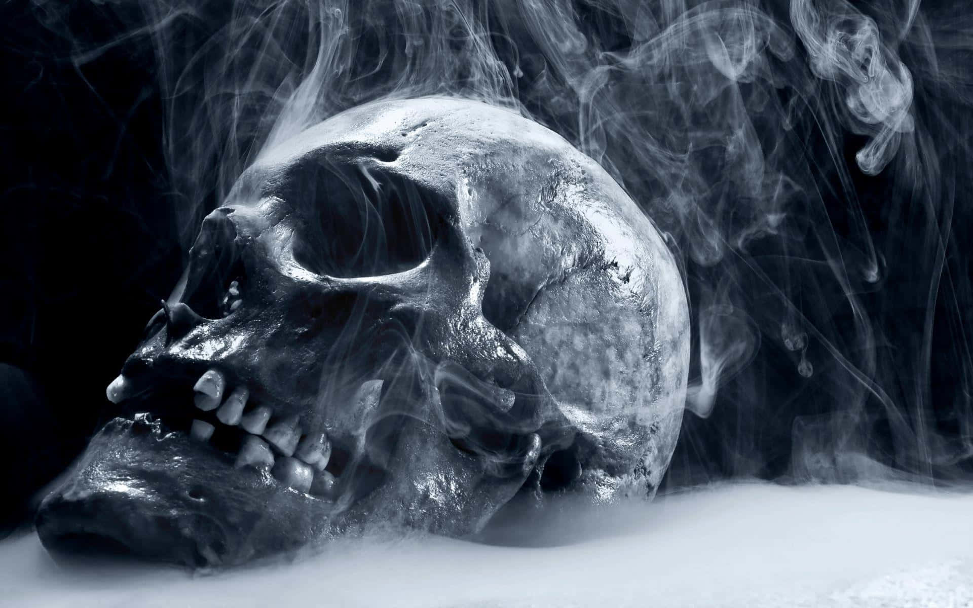 A Skull Is In The Air With Smoke Coming Out Of It Background