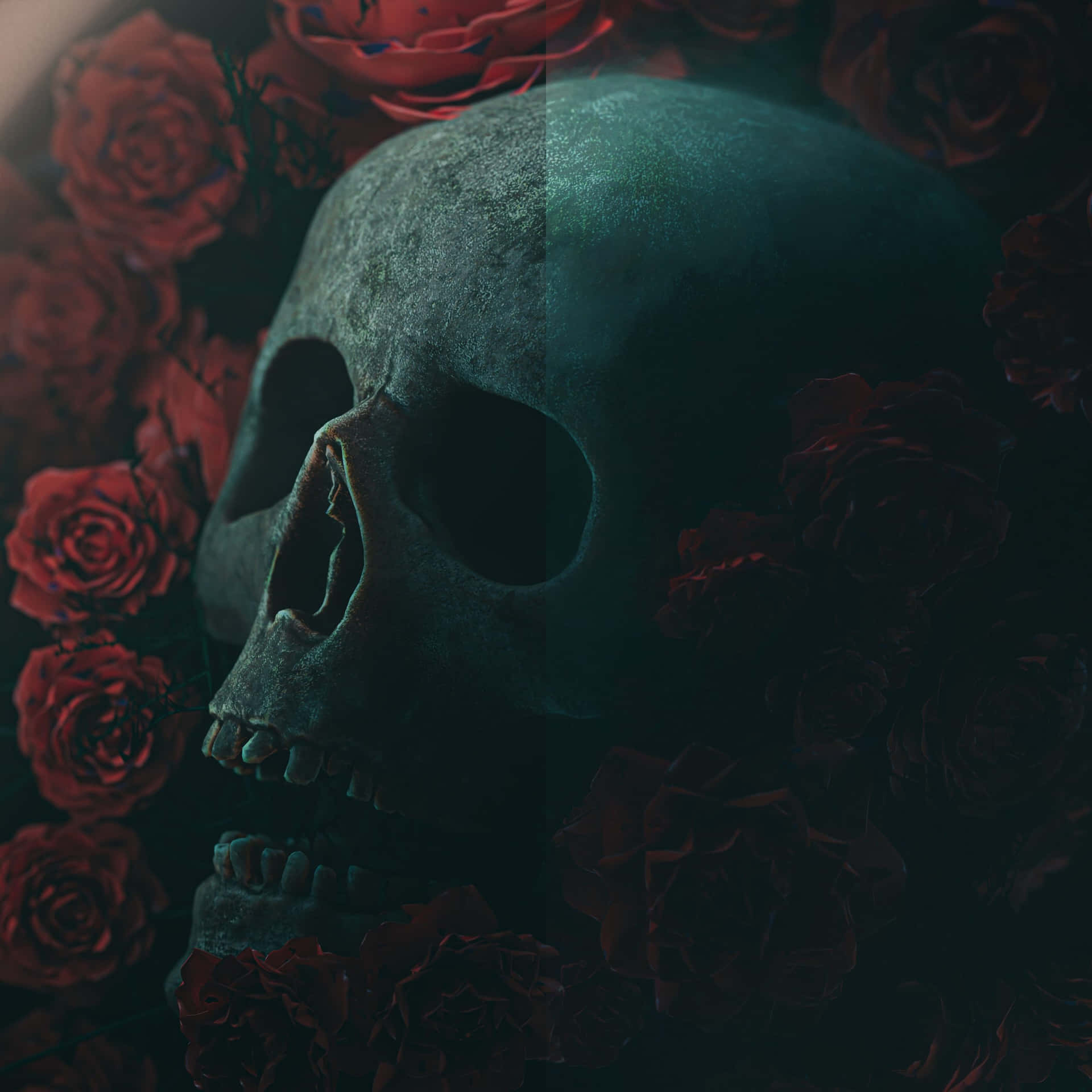 A Skull Surrounded By Red Roses Background