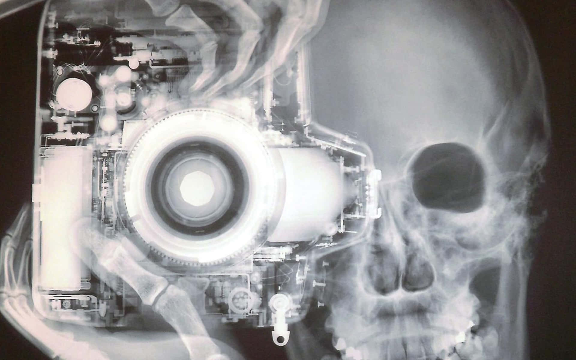 A Skull With A Camera In It Background