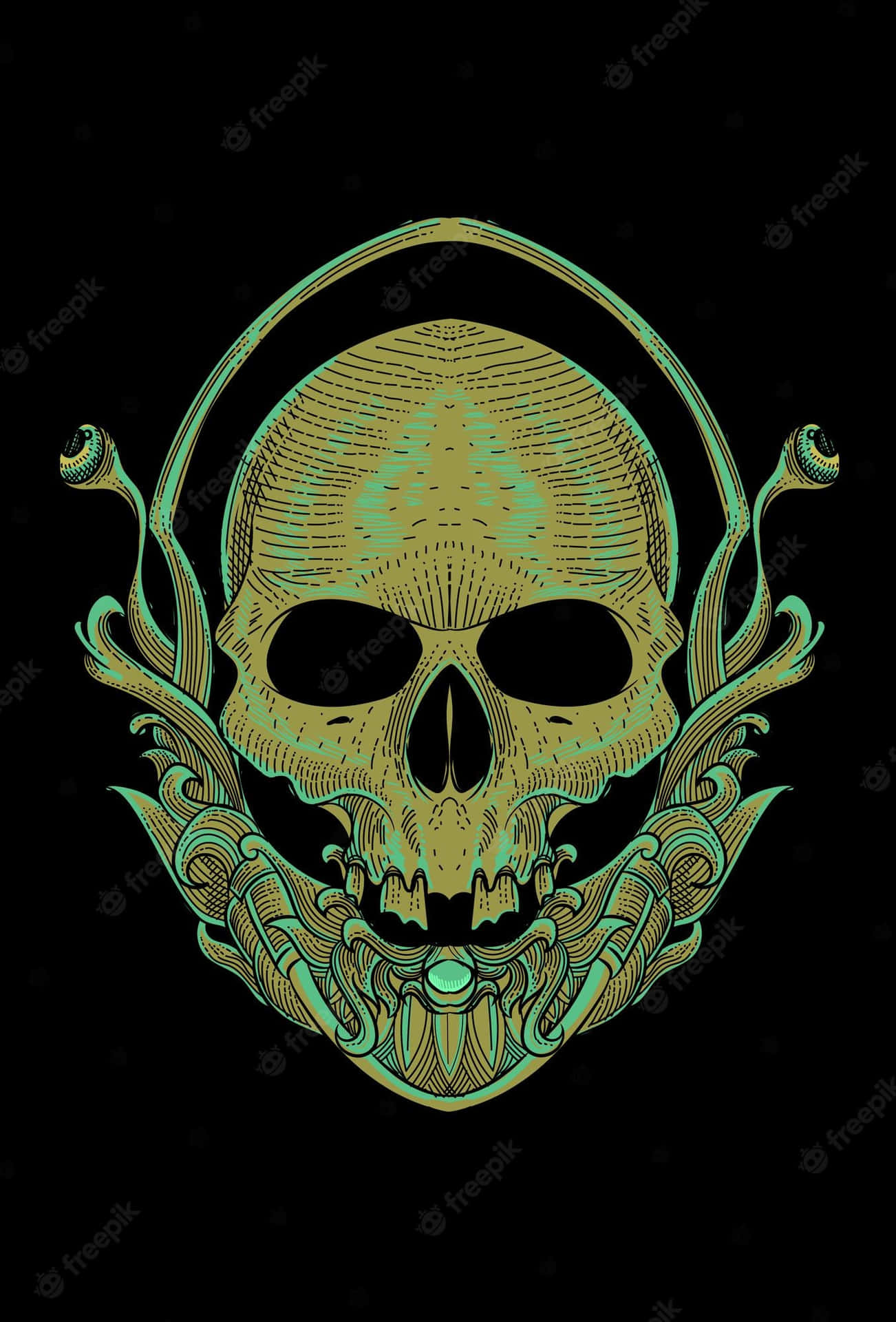 A Skull With A Green And Gold Design On A Black Background Background