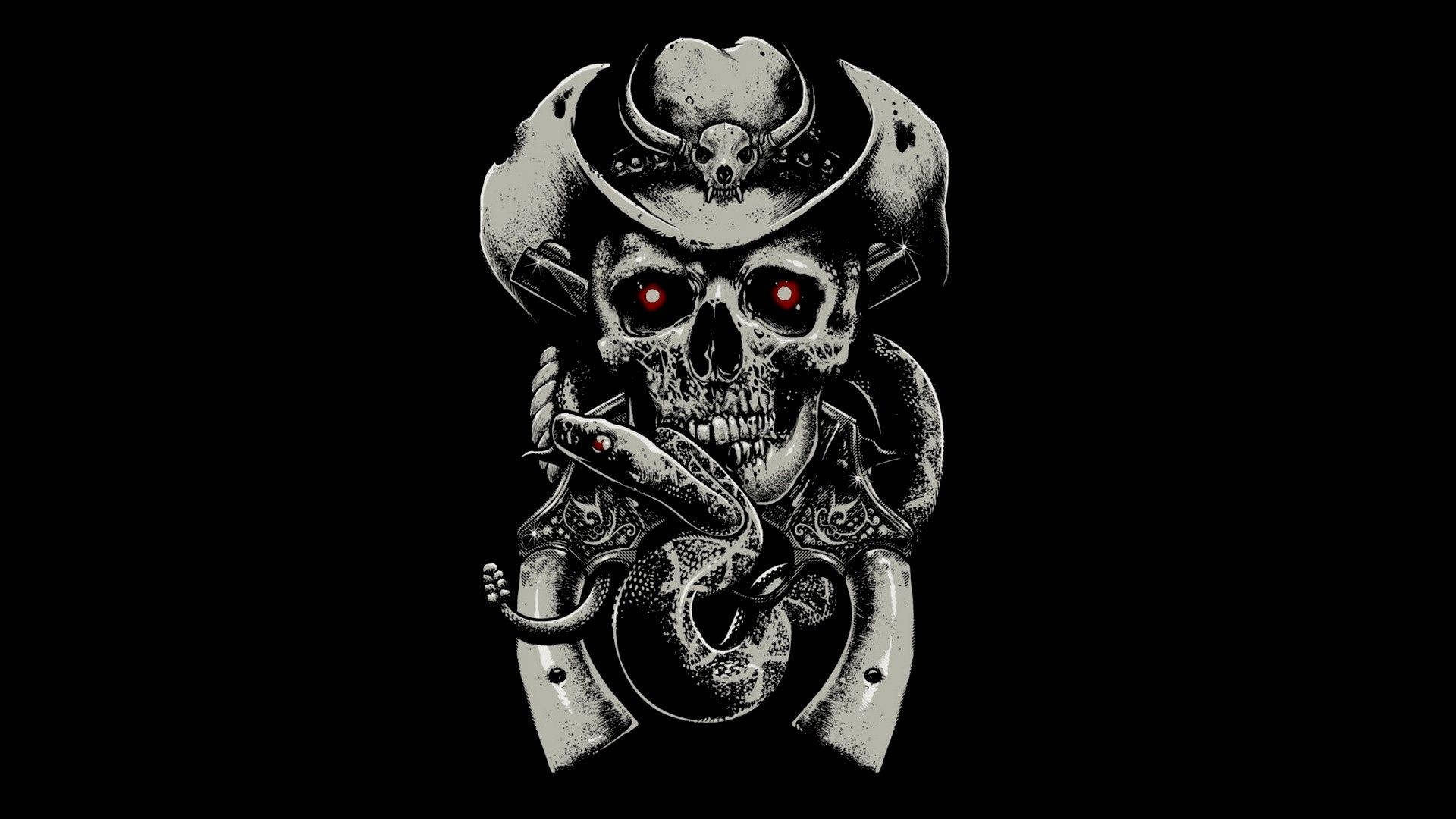 A Skull With A Knife And A Red Eye Background