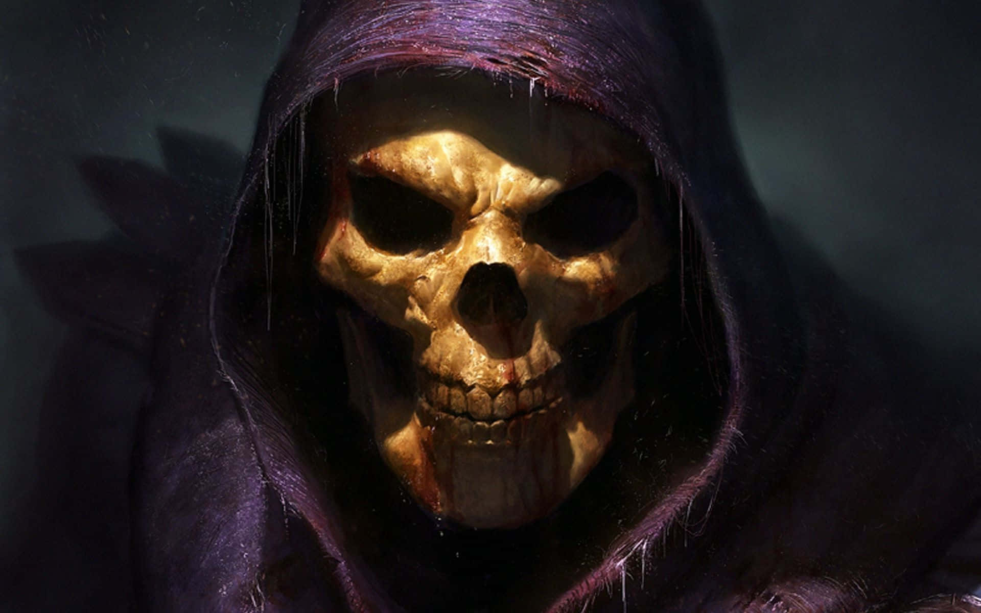 A Skull With A Purple Hood And A Knife Background