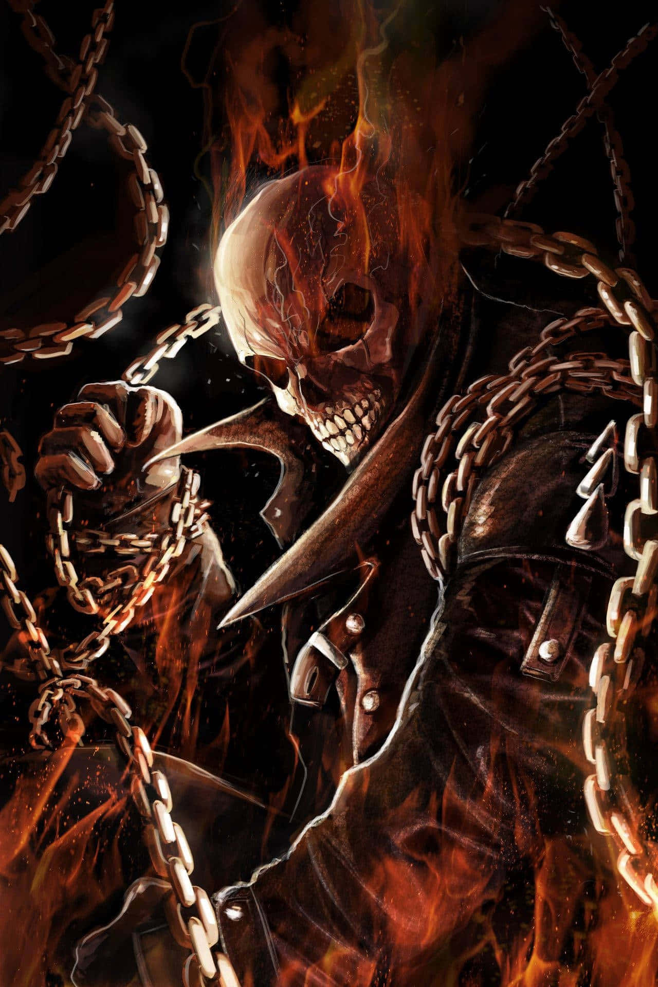 A Skull With Chains And A Chain On Fire Background