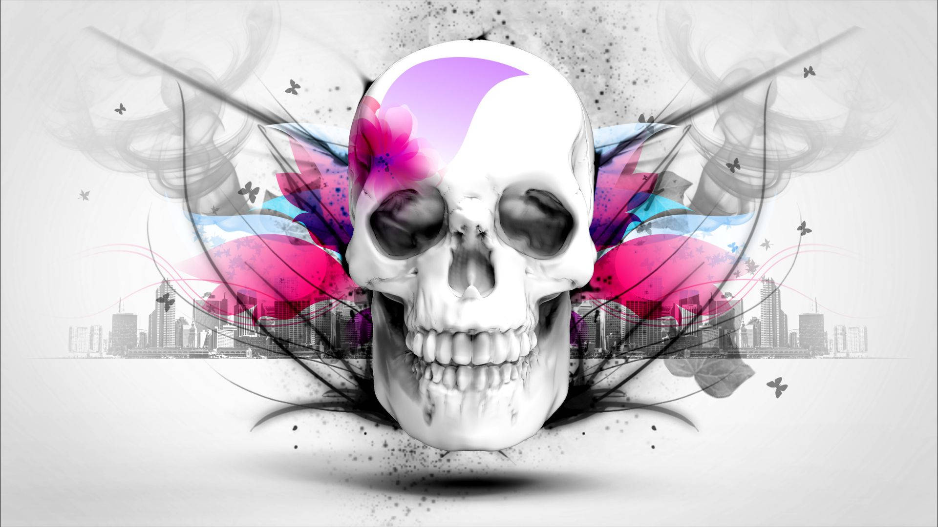 A Skull With Colorful Flowers And Butterflies Background