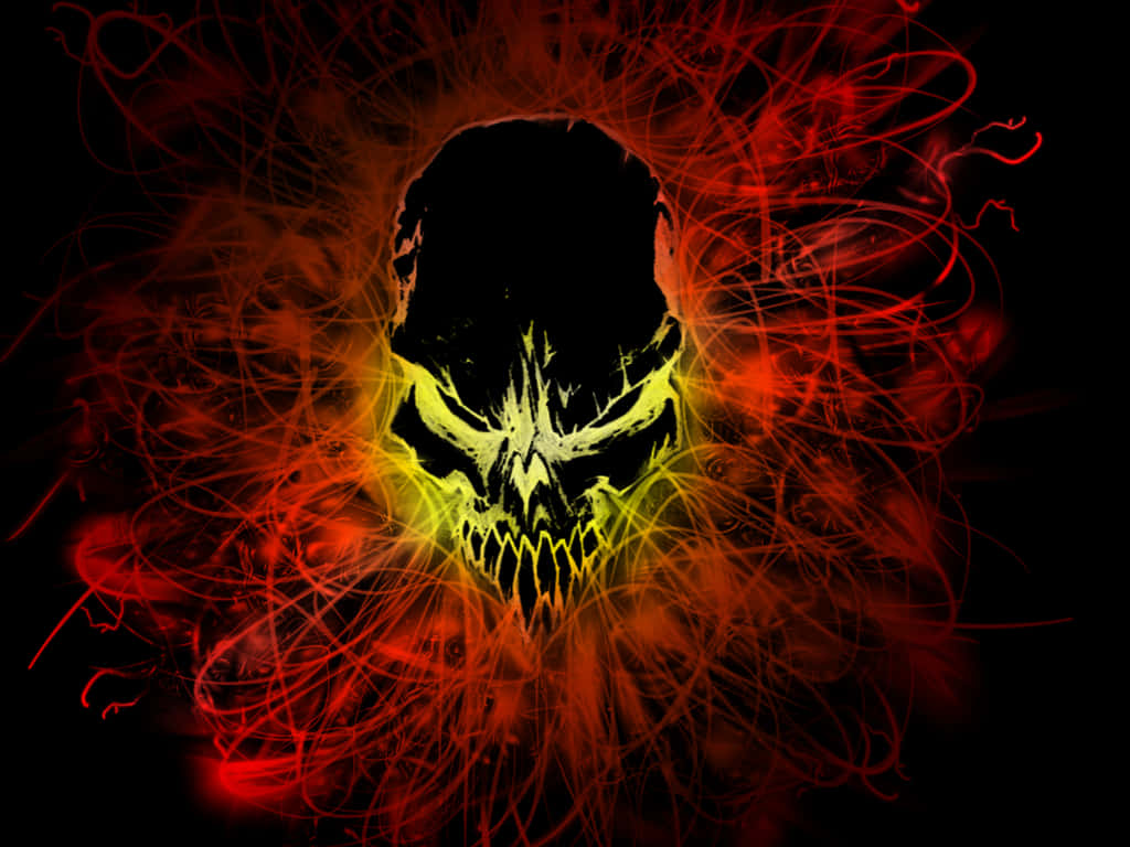 A Skull With Flames And Swirls On A Black Background Background