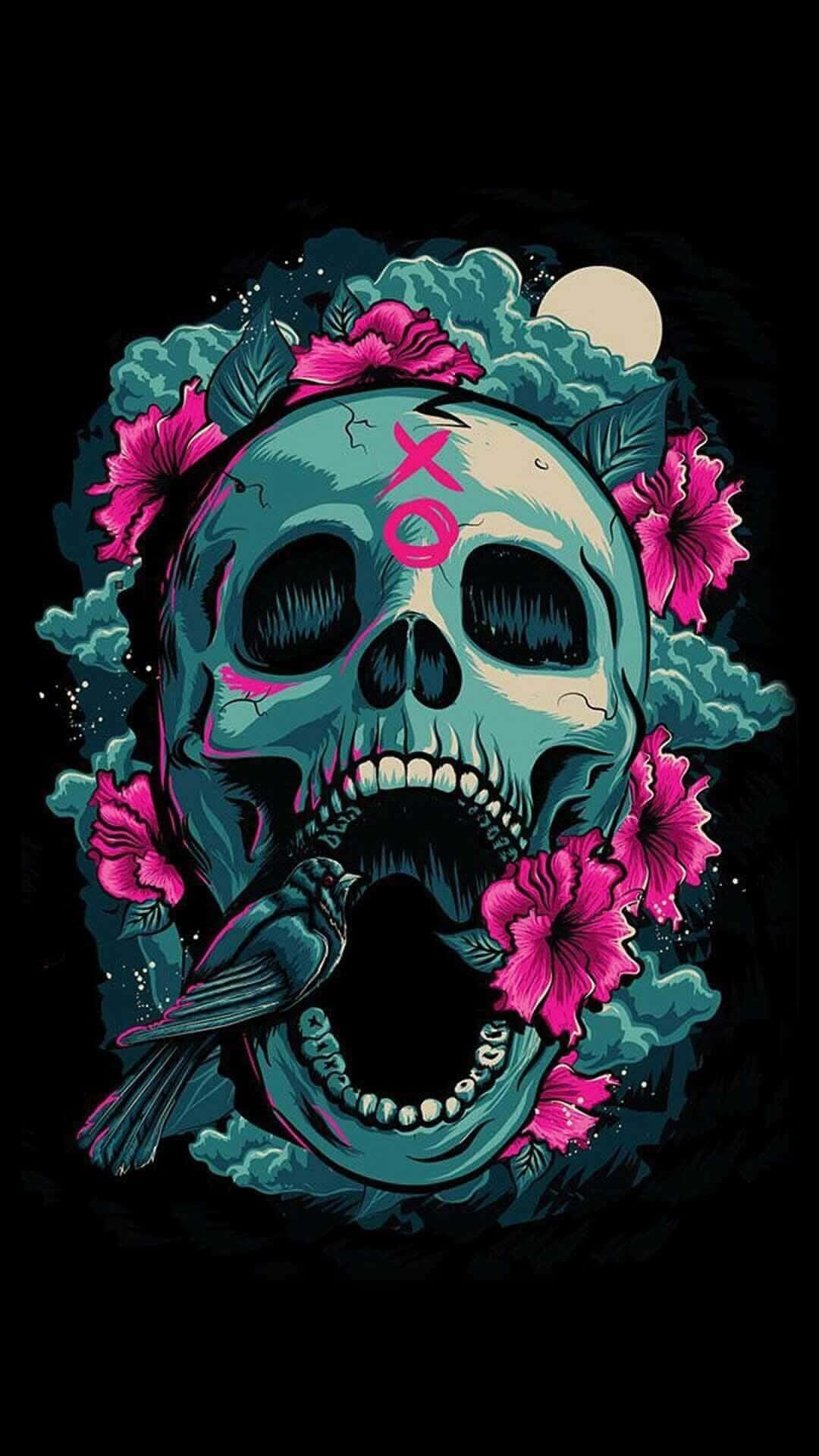 A Skull With Flowers And A Bird On It Background