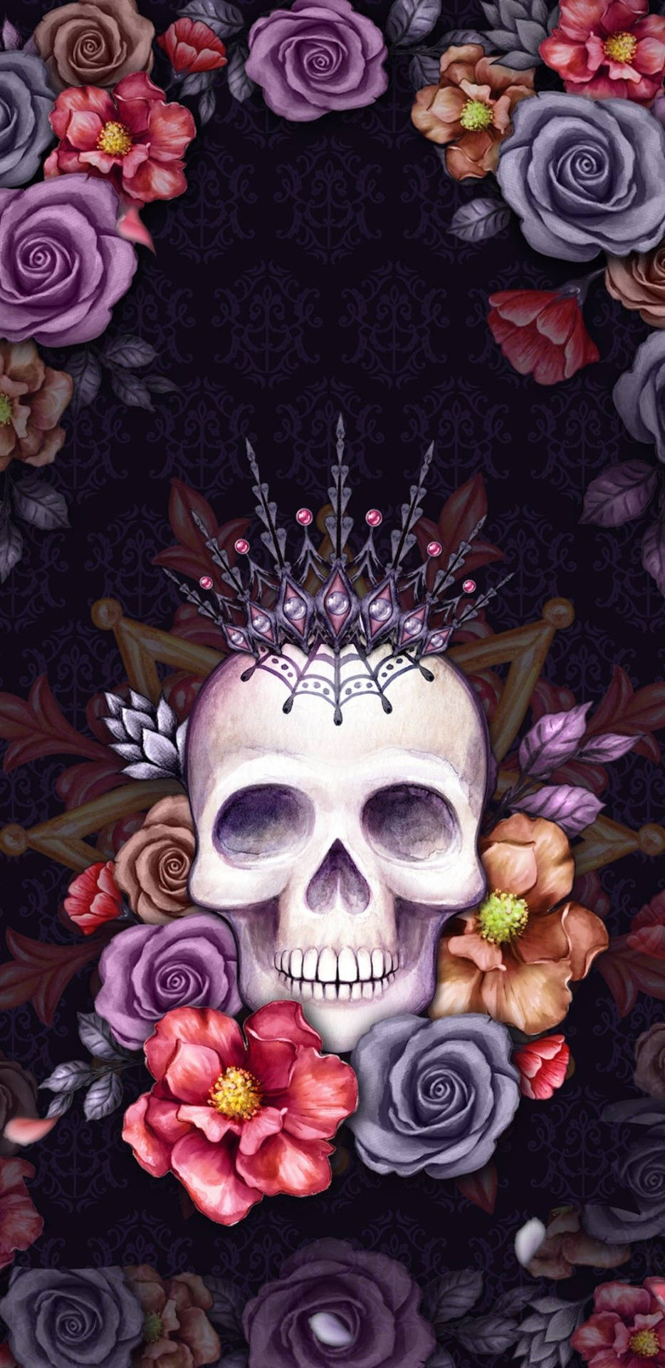 A Skull With Flowers And A Crown Background