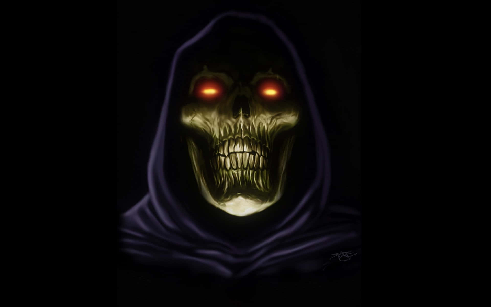 A Skull With Glowing Eyes In The Dark Background
