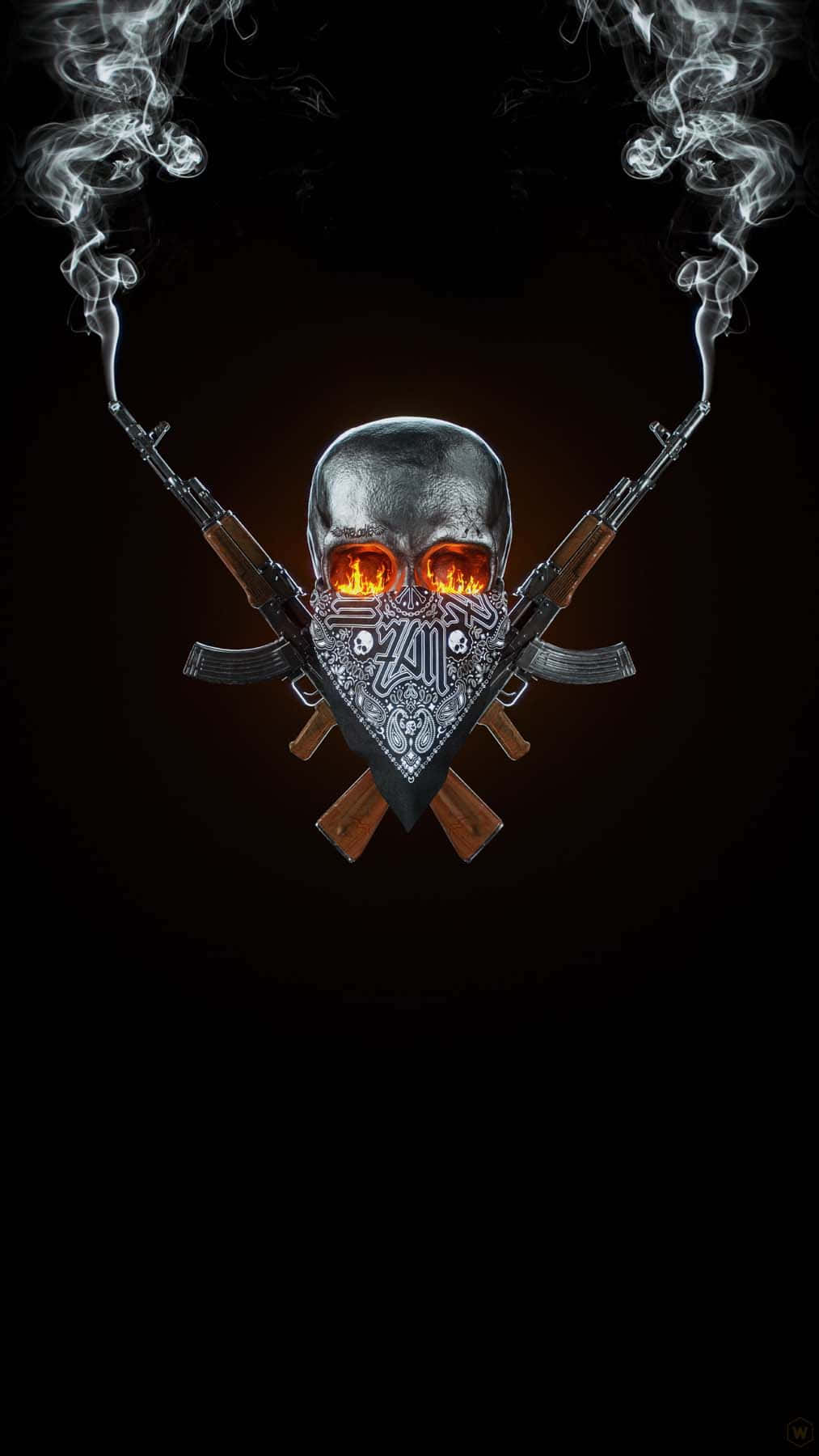 A Skull With Guns And Smoke Coming Out Of It Background