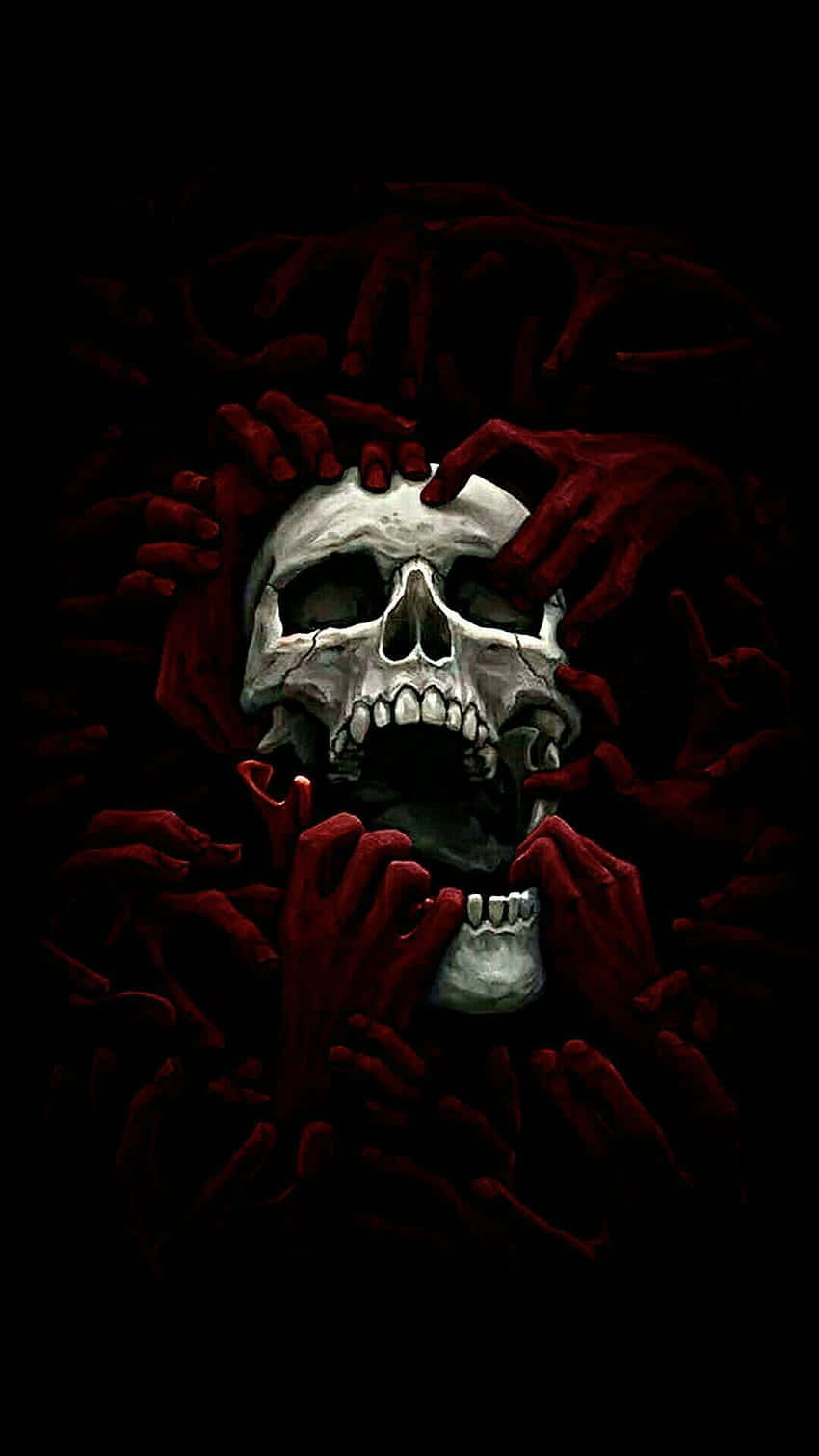 A Skull With Hands Reaching Out Of It Background