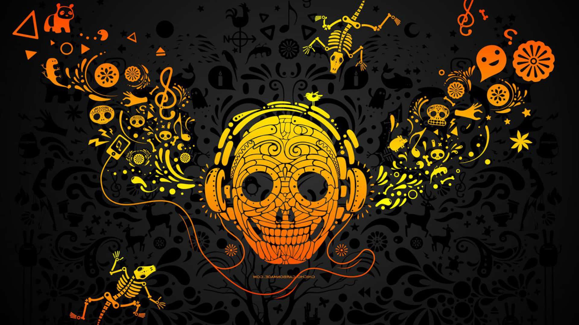 A Skull With Headphones And Other Objects On A Black Background Background