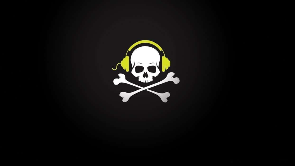 A Skull With Headphones On A Black Background Background