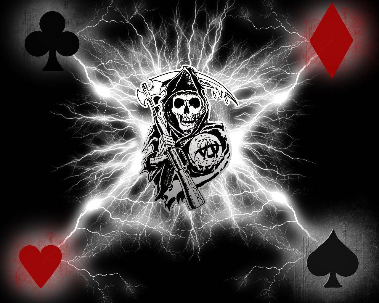 A Skull With Lightning And Playing Cards Background