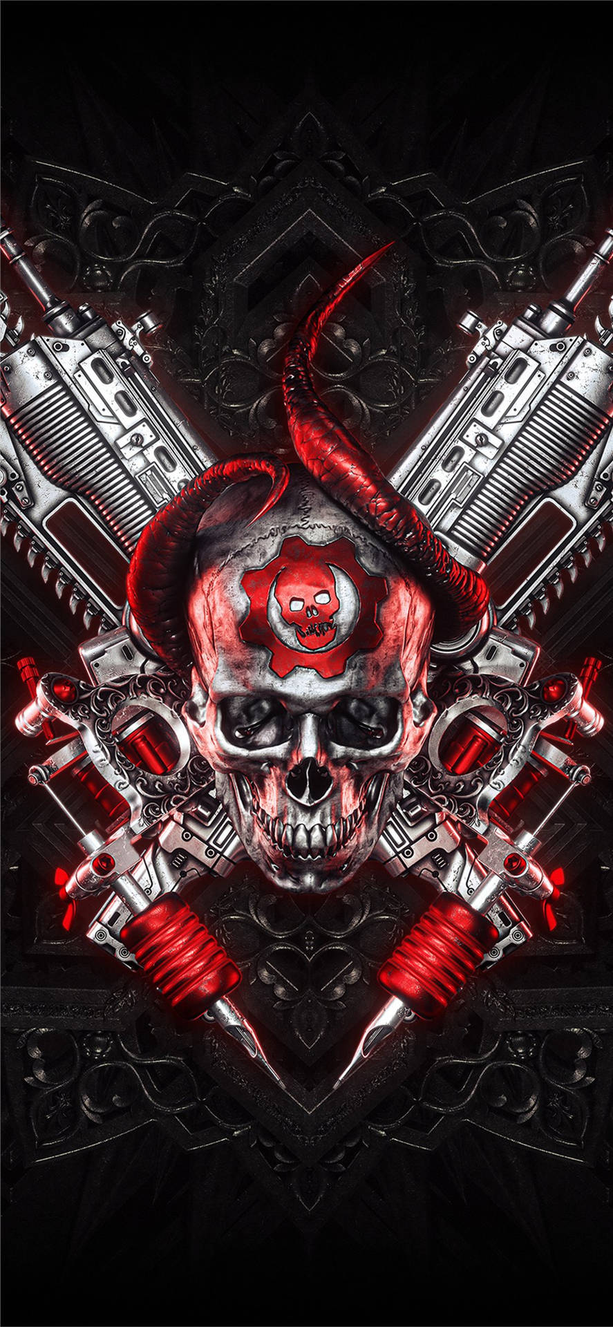 A Skull With Red And Black Wings And A Sword Background