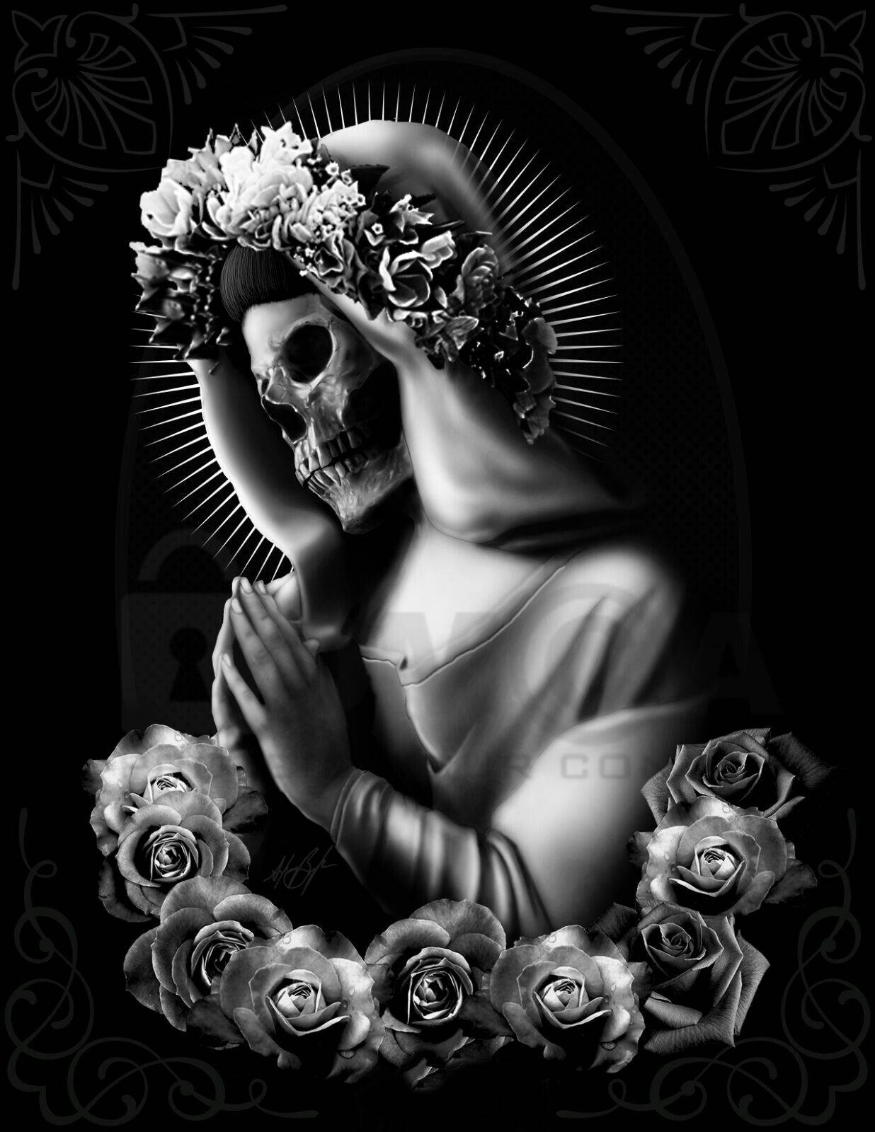 A Skull With Roses And A Cross Background