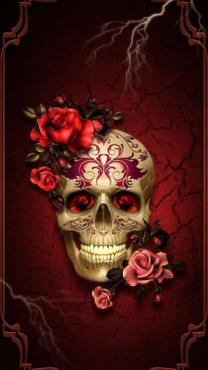 A Skull With Roses And A Red Background Background