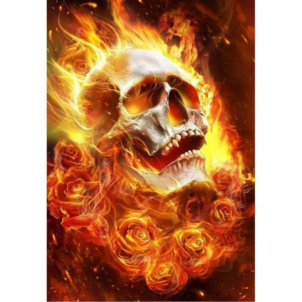 A Skull With Roses On Fire Background