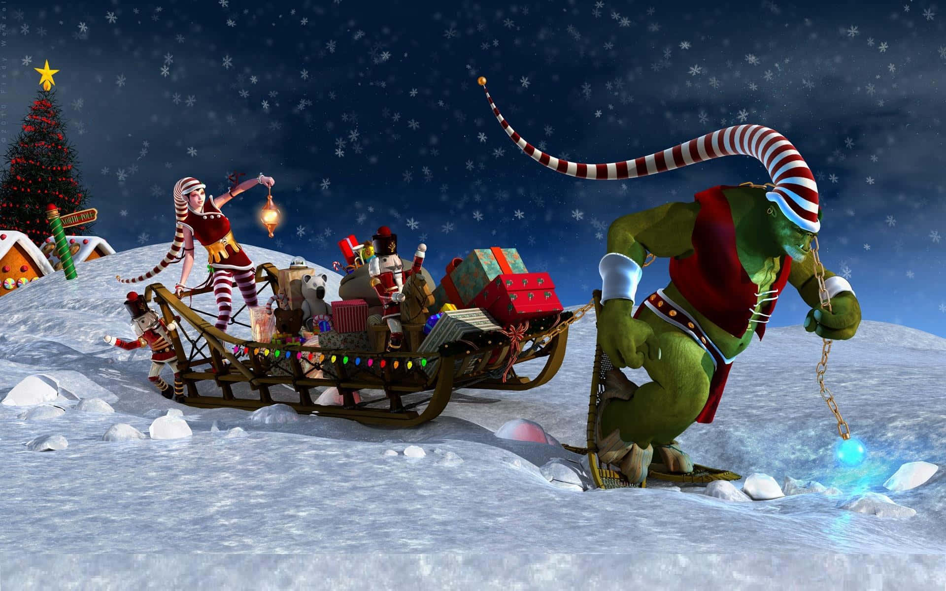 A Sleigh With A Santa Claus On It Background