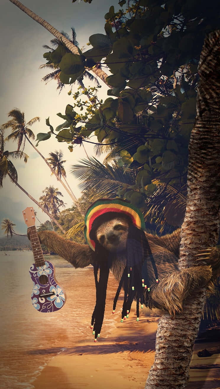 A Sloth Sitting On A Tree With A Guitar