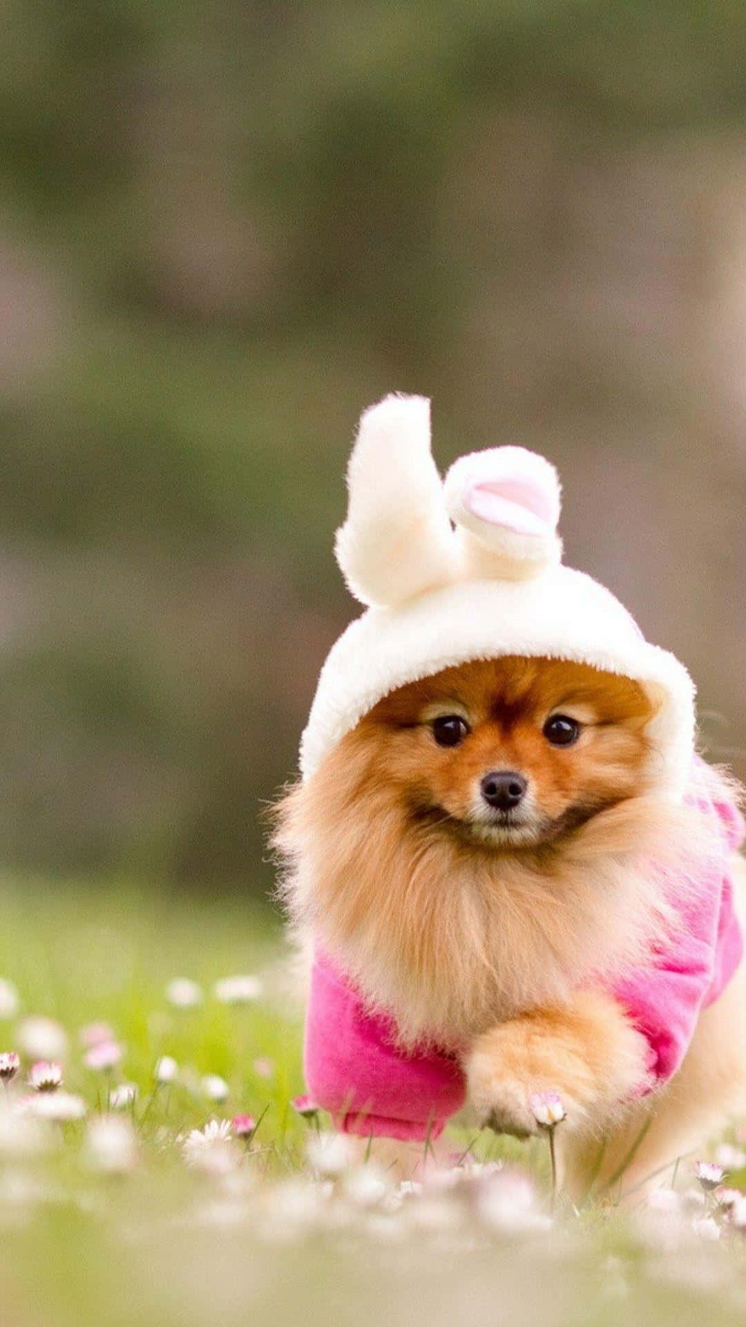 A Small Dog In A Pink Hat Running Through The Grass Background