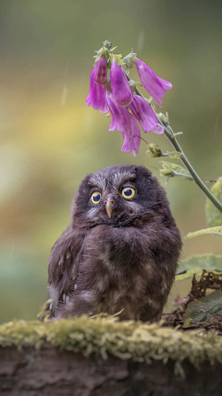 A Small Owl Sitting On A Branch With Purple Flowers Background