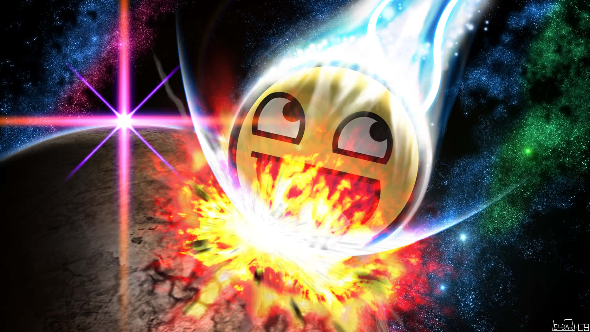 A Smiling Emoticion With A Fireball In The Background Background