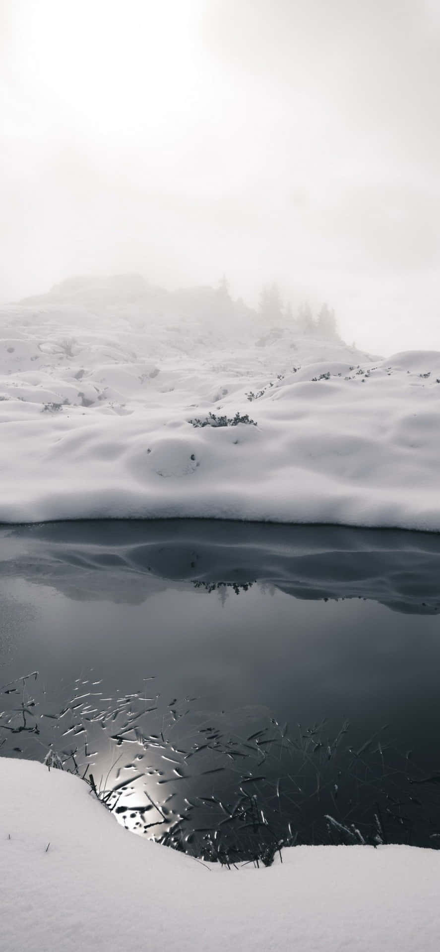 A Snow Covered Lake With A Reflection Background