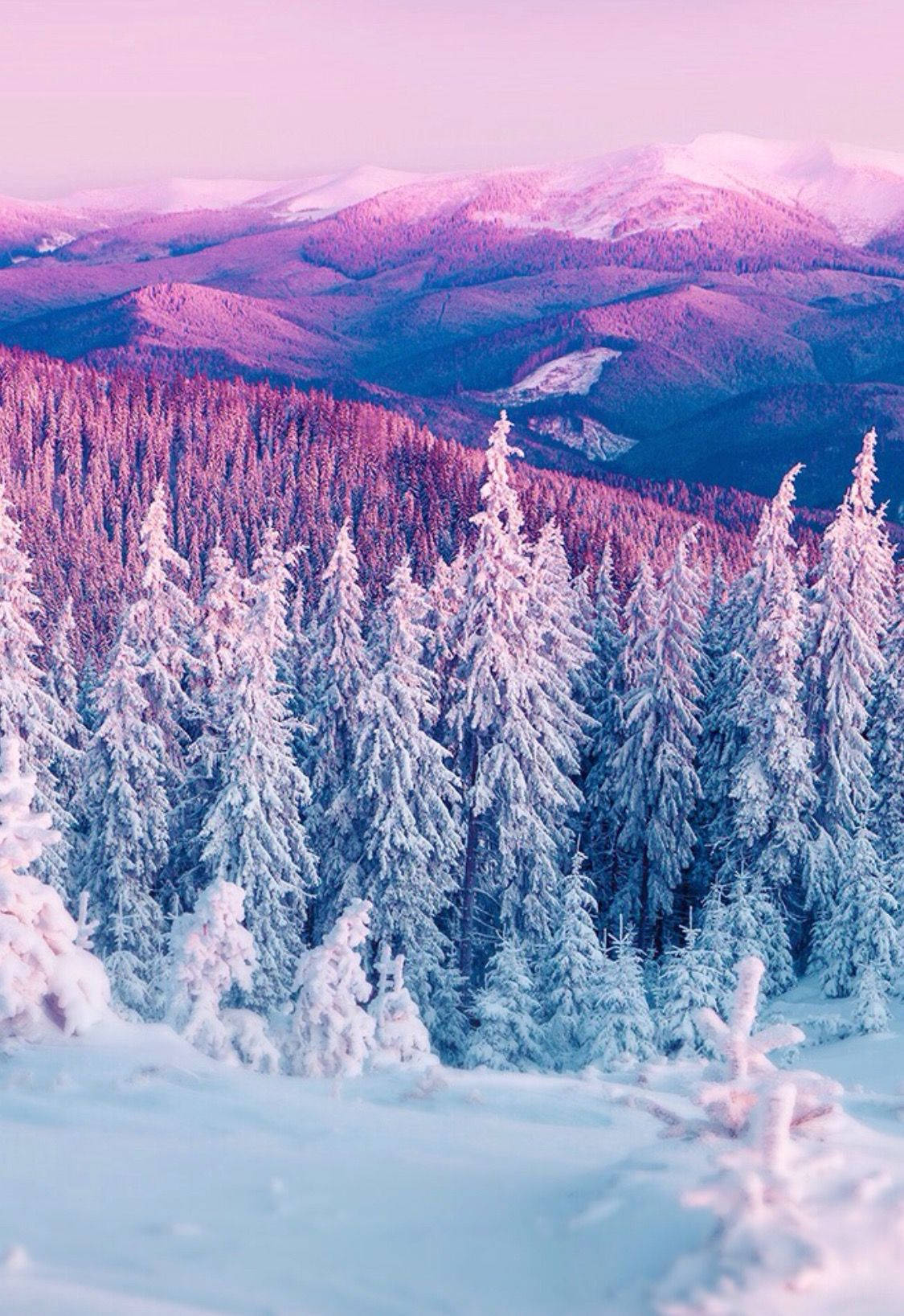 A Snow Covered Mountain With A Pink Sky Background