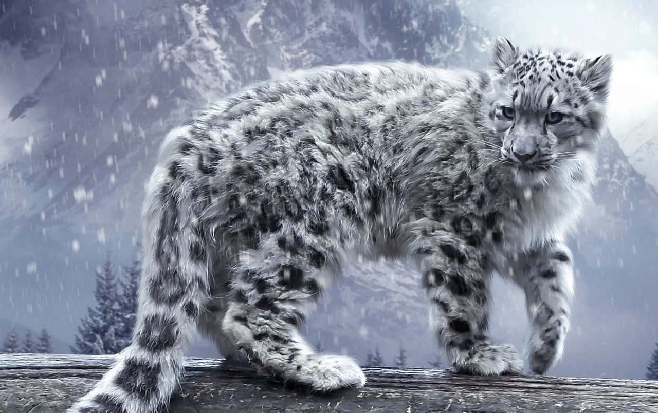 A Snow Leopard Looking At The Viewer With Its Beautiful Blue Eyes. Background