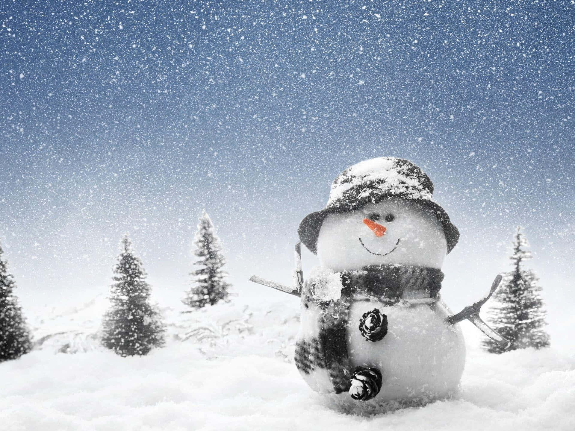 A Snowman Is Standing In The Snow With Trees In The Background Background