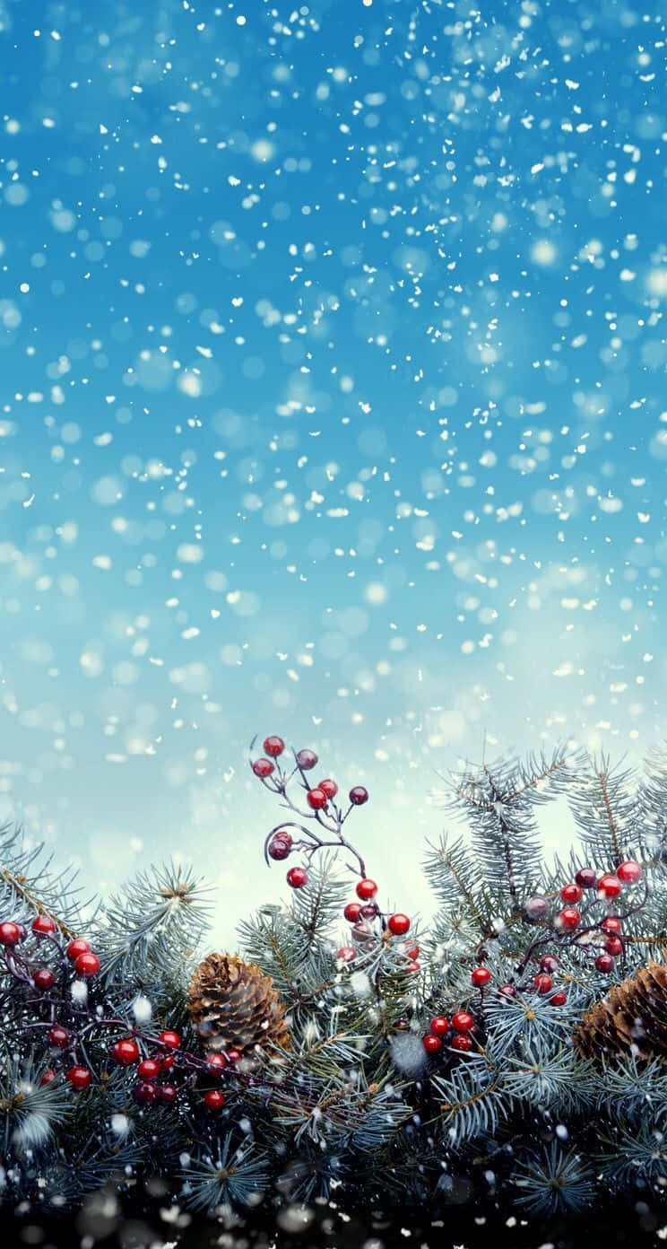 A Snowy Background With Pine Cones And Berries