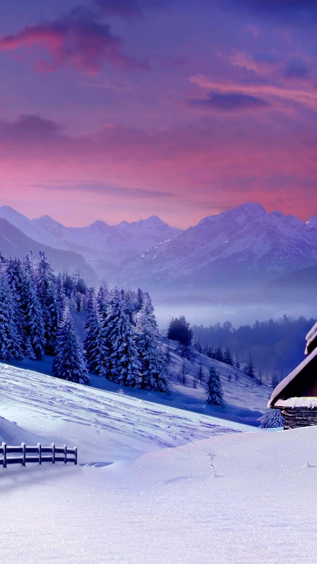 A Snowy Landscape With A House And A Fence