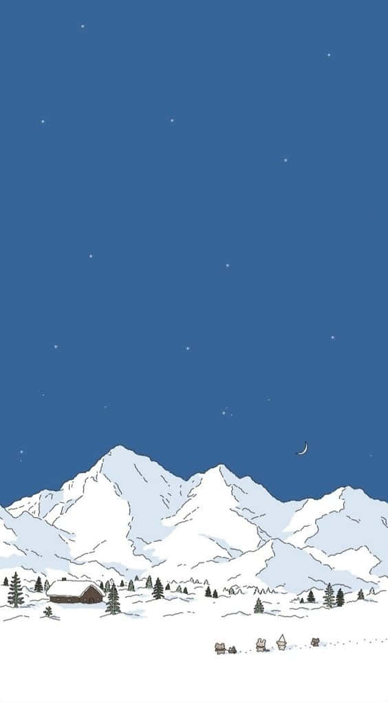 A Snowy Landscape With Sheep And A Mountain