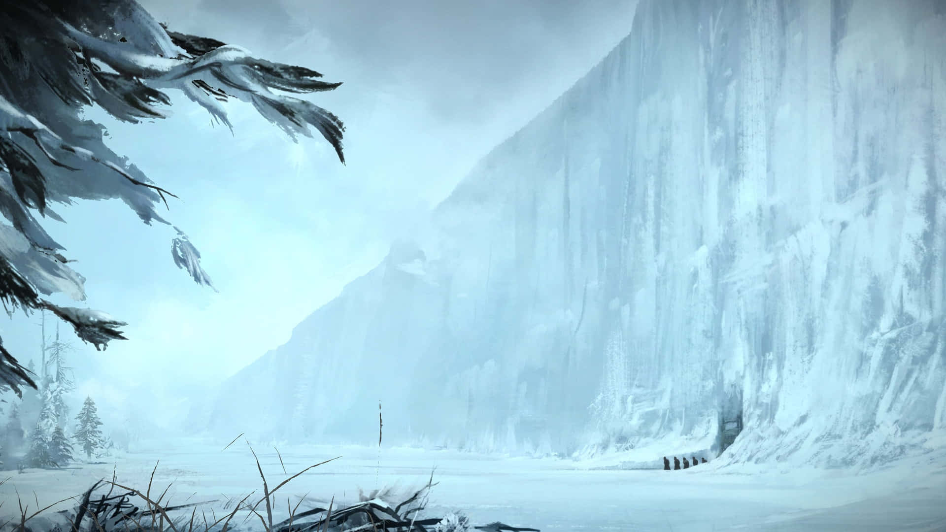 A Snowy Landscape With Trees And A Waterfall Background