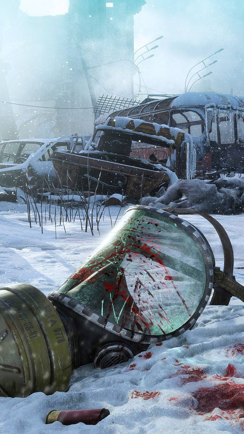 A Snowy Scene With A Bloody Gas Mask And A Gun Background