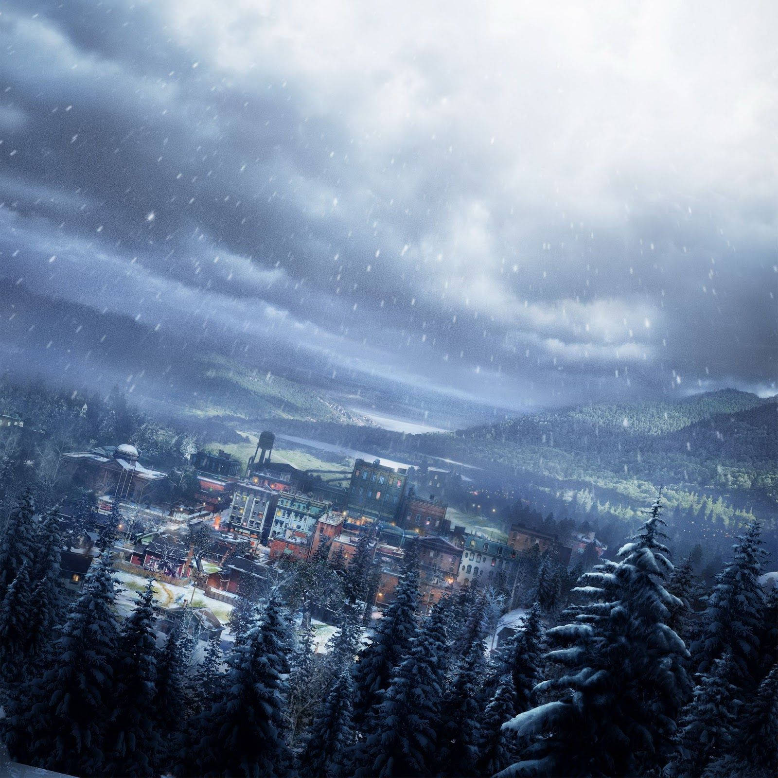 A Snowy Scene With A City And Trees Background