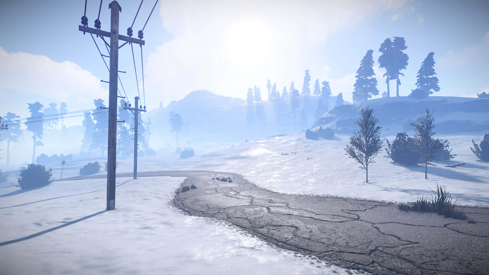 A Snowy Scene With A Road And Power Lines Background