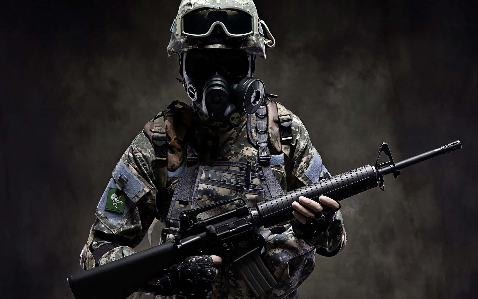 A Soldier In A Gas Mask Holding A Rifle Background