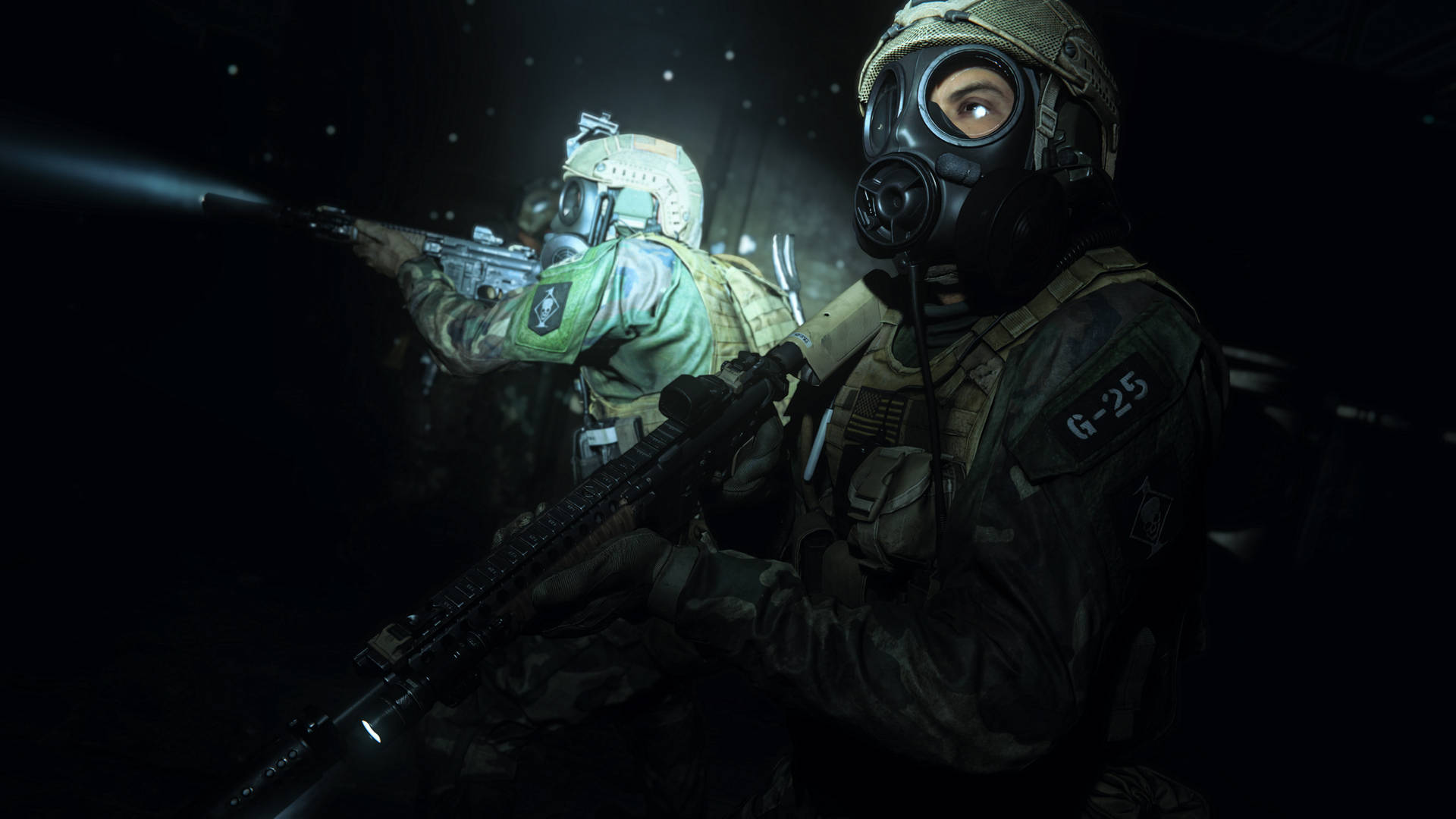 A Soldier In A Gas Mask Is Holding A Gun Background