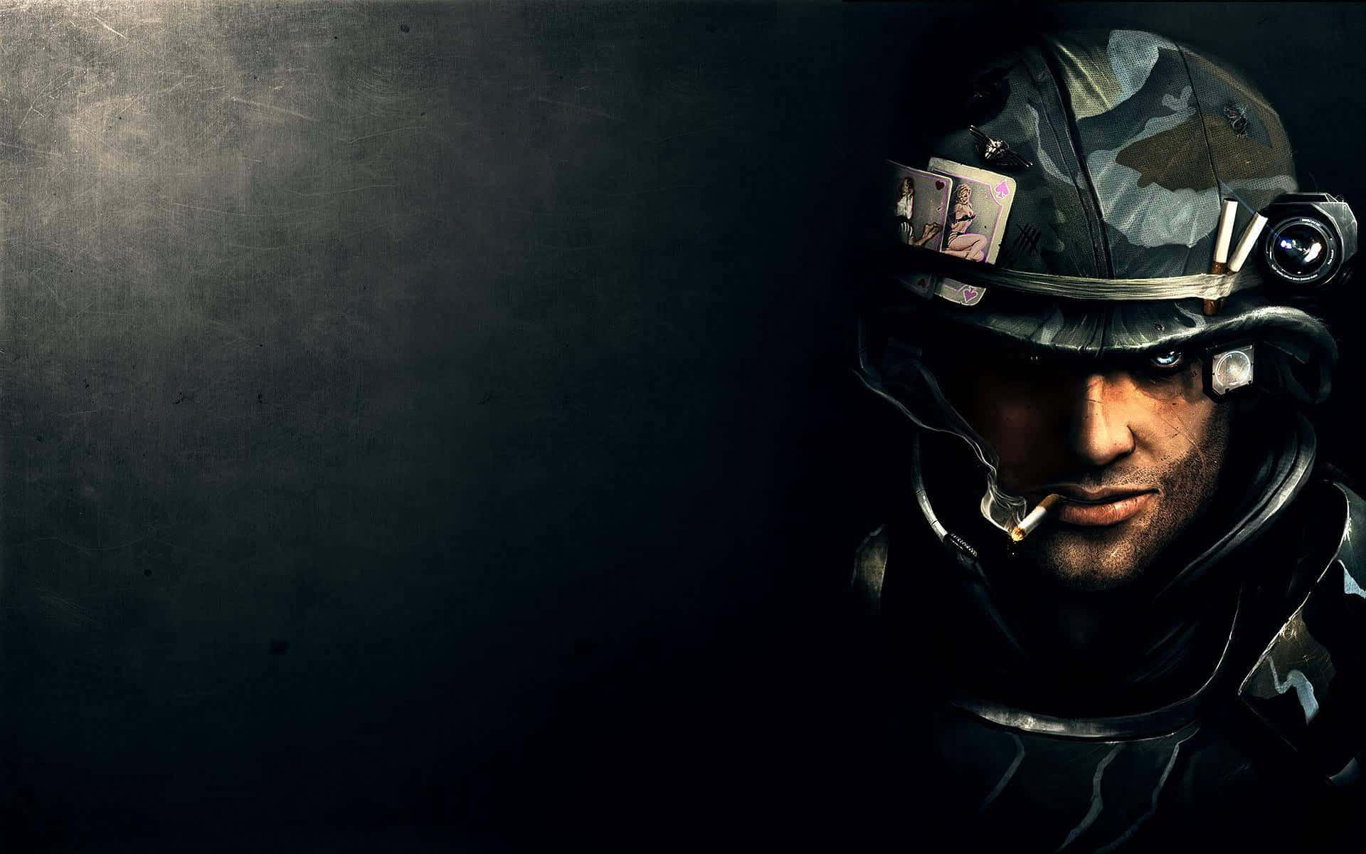 A Soldier In A Helmet And A Dark Background