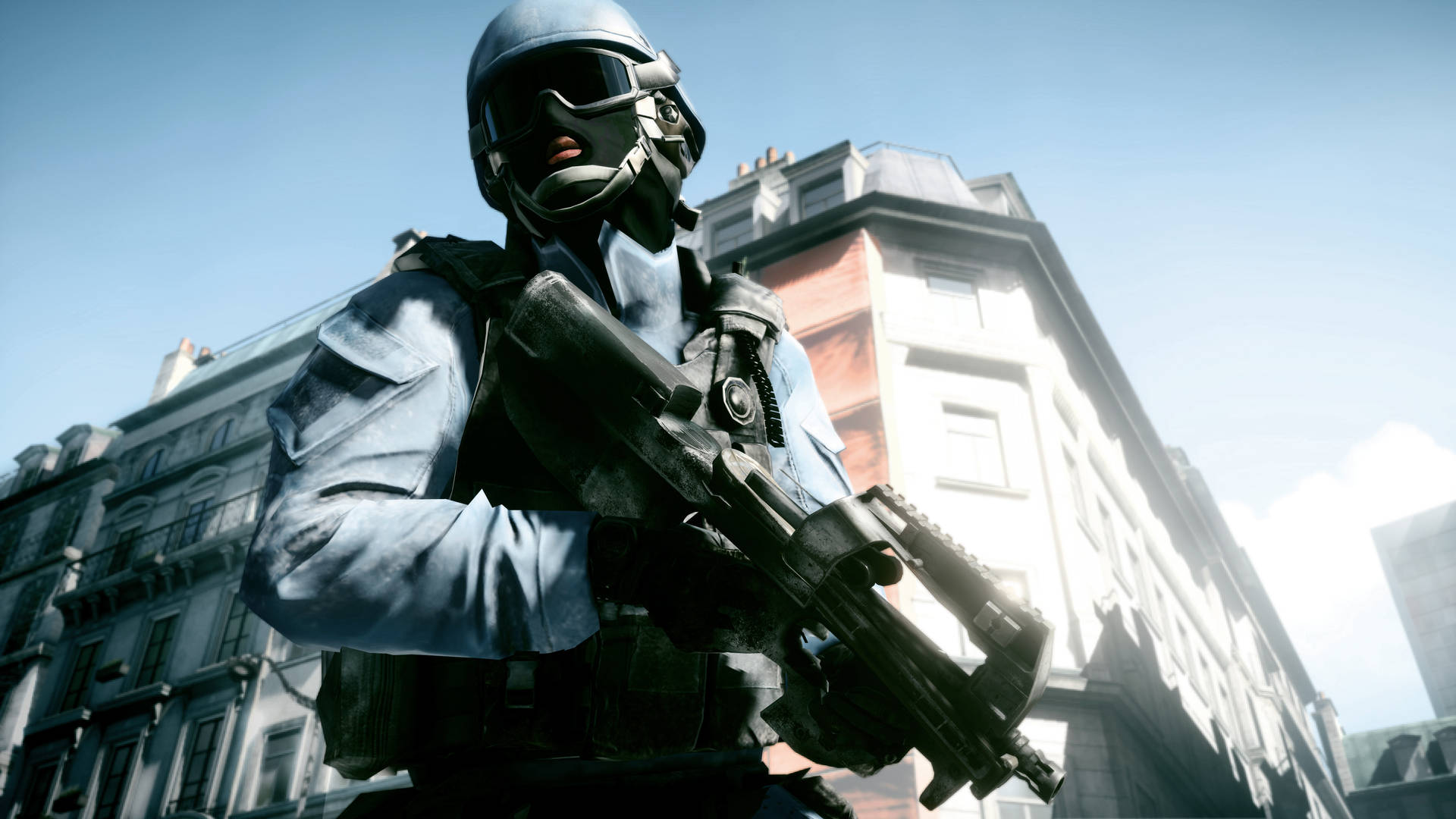 A Soldier In A Helmet And A Gun Is Standing In A City Background