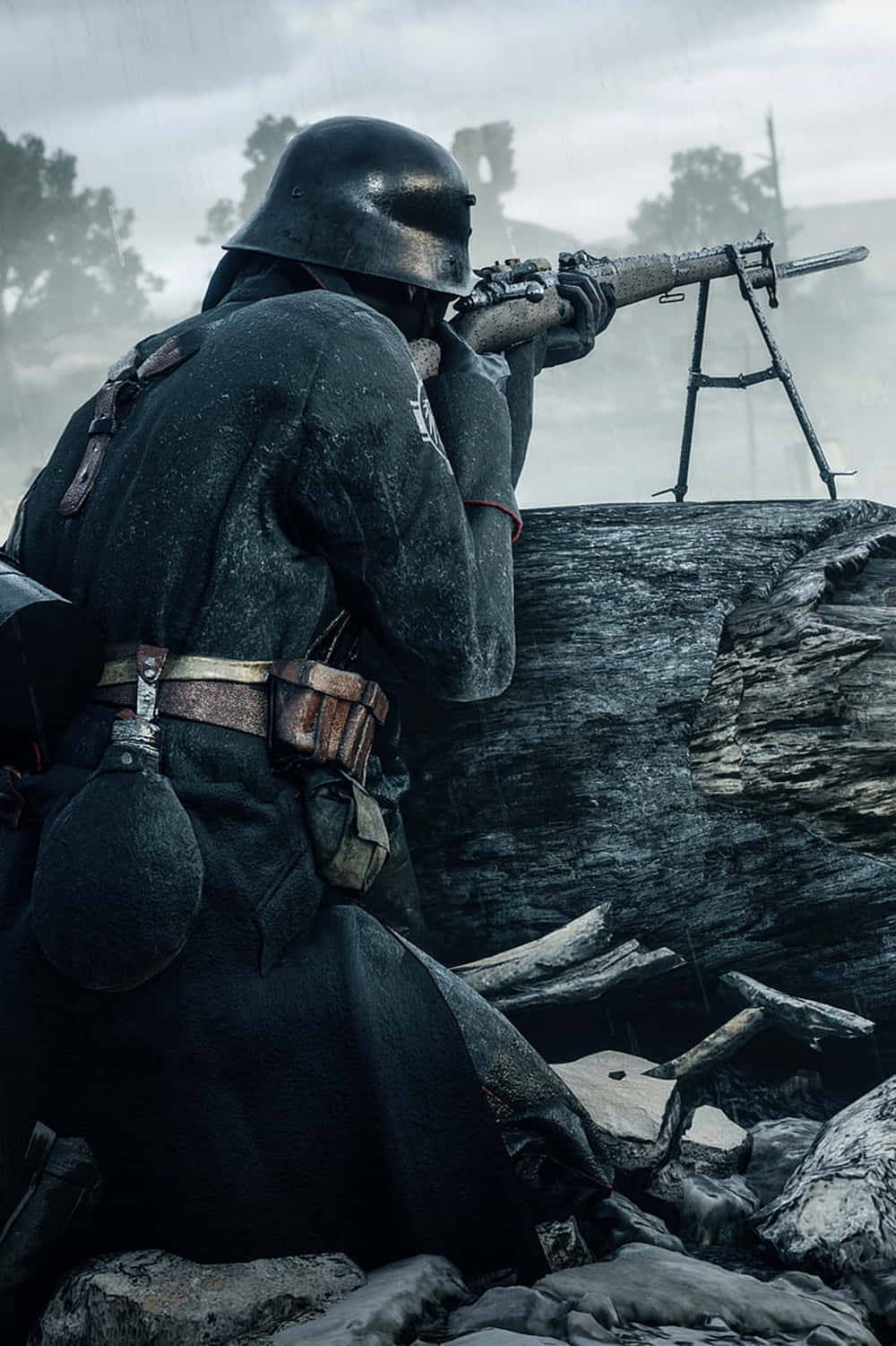A Soldier Is Aiming His Rifle At A Tree Background