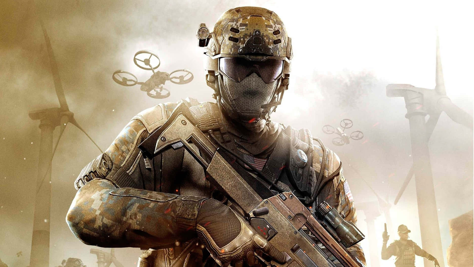 A Soldier Is Holding A Gun In Front Of A Wind Turbine Background