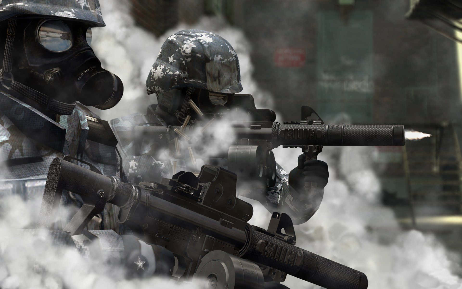 A Soldier Is Holding A Gun In Front Of Smoke