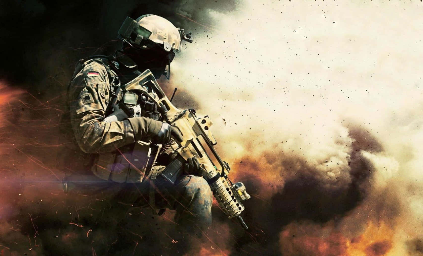A Soldier Is Holding A Gun In The Air Background