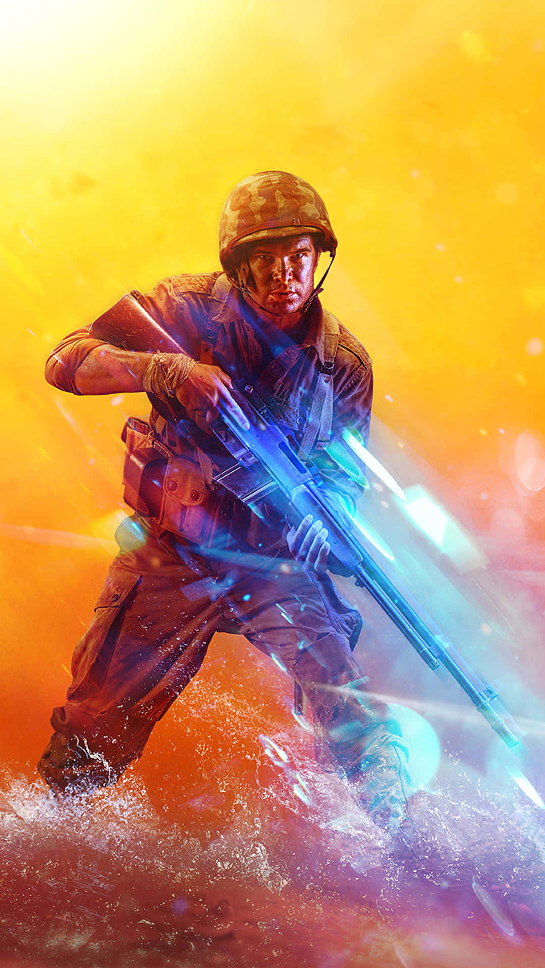 A Soldier Is Holding A Gun In The Water Background