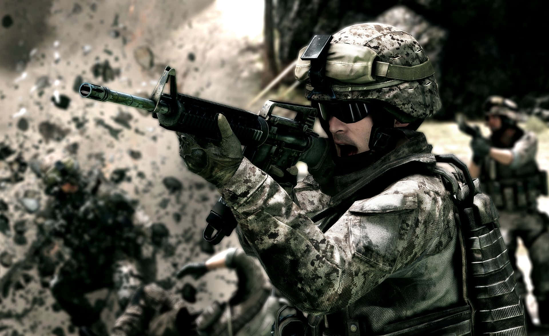 A Soldier Is Shooting A Gun In A Battlefield Background